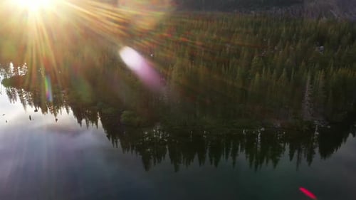 Aerial view of a mountain lake surrounded by a pine trees forest, at sunrise. Mammoth Lakes, CA.