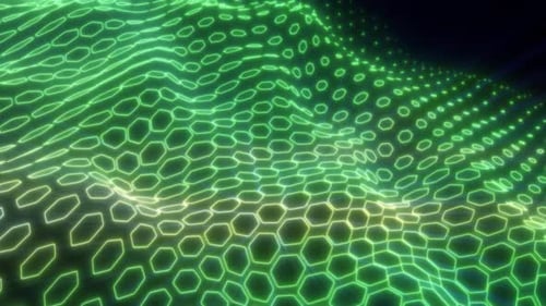 Glowing green hexagonal mesh forming a dynamic wave surface