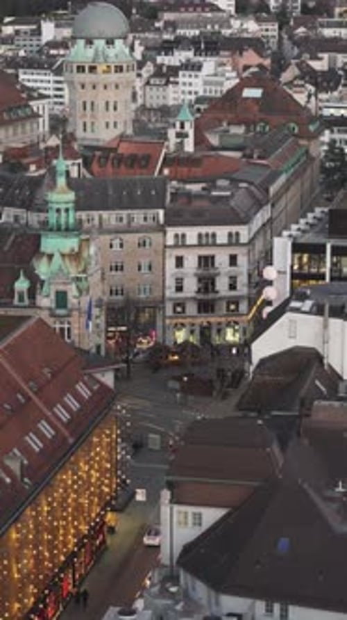 Aerial video of an urban scene in the city of Zurich, Switzerland