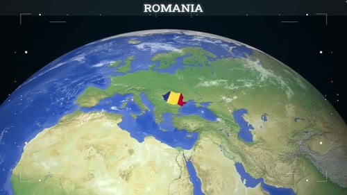 Global Earth Map Zoom to Romania with Digital Flag Reveal