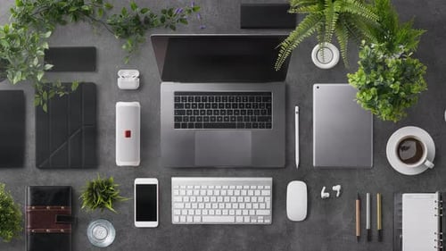 Flat Lay Top View Office Desk Working Space with Laptop and Office