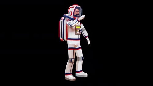 Un astronauta 3D con un traje espacial señala con un dedo o presiona un botón