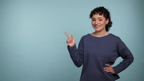 Woman Pointing Finger to Side Workspace Promo Area Mock Up Presenting Product