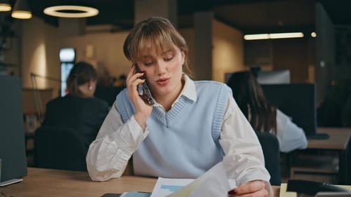 Confident Woman Consulting Client By Telephone Sitting Modern Office Closeup