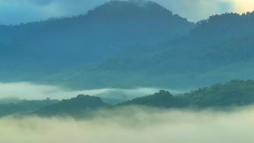 Dichter Nebel bedeckt tropisch bewaldete Berge in der Provinz Ranong, Thailand.