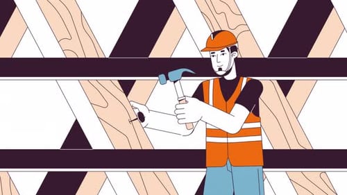 Construction Worker Nailing Wood Plank Flat Design Animation