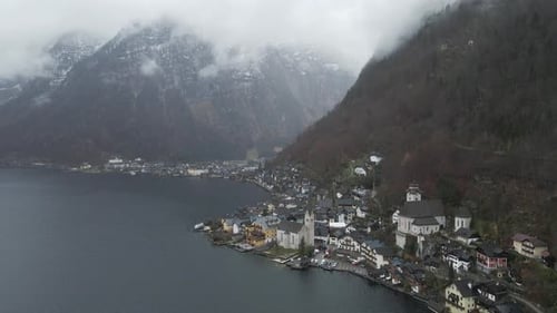 Aerial view of Hallstatt in winter, Upper Austria, Austria.