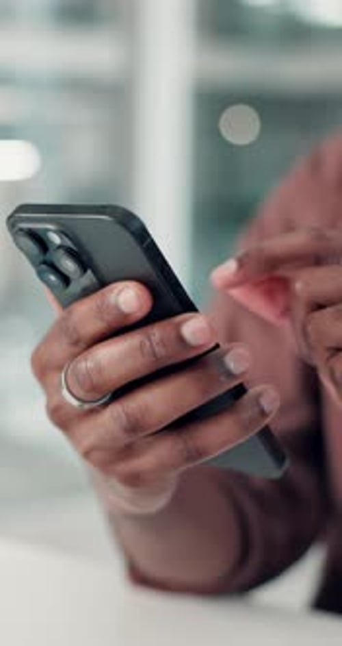 Business, hands and man with cellphone, typing and social media with email for creative project