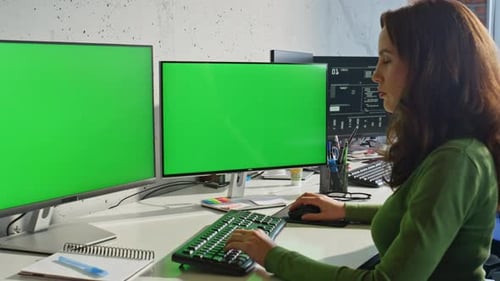 IT Woman Working Mockup Computer in Center Closeup Serious Programer Coding
