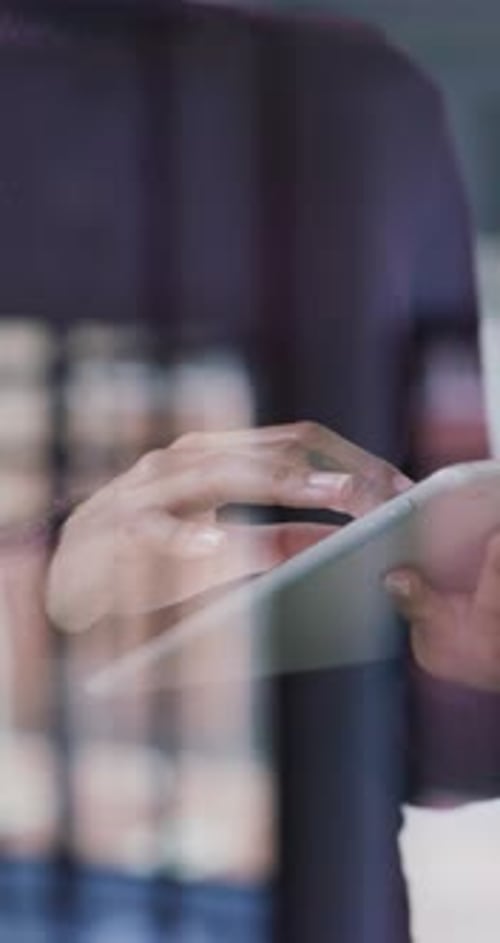Woman, hands and scroll in office with tablet, article review and check story for media publication