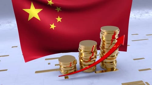 China Flag With Gold Coins Tower And Up Arrow