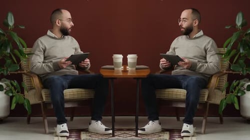 Duplicata de jeune homme d'affaires assis dans un fauteuil avec tablette numérique