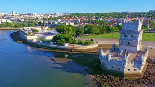 Drone Fly Around Belem Tower Lisbon Portugal on Sunny Day