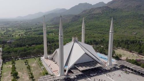 Aerial View of Faisal Mosque in Islamabad Pakistan Showcasing Its Grand Architecture and the
