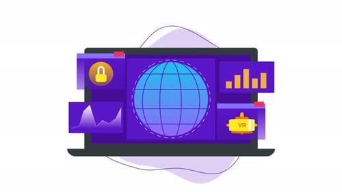 Metaverse animation with laptop screen showing globe, graphs, and icons.