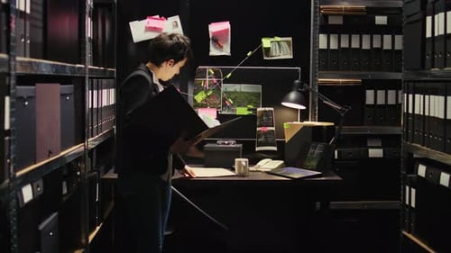 Woman Reads Files in Dimly Lit Office
