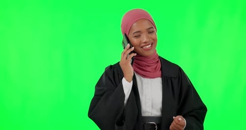 Muslim young woman, phone call and green screen with smile, listening and talking with contact