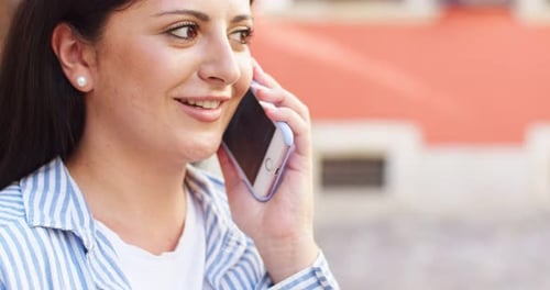 Adult Caucasian Woman Walking on Street Using Cellphone Calling Friend Near House Pretty Female Lady