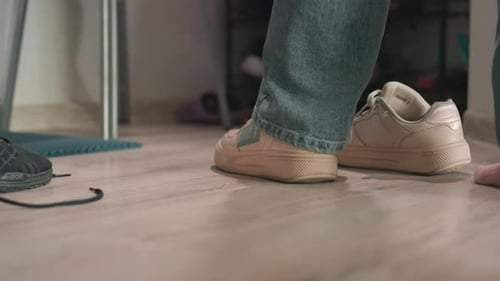 Walking Into Footwear Feet Slide Into Plain Beige Footwear Calmly Gentle Footwear Transition