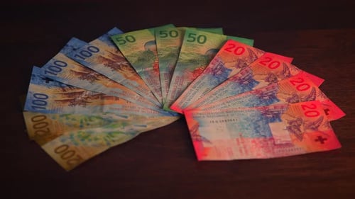 Swiss Franc Bank Notes Arranged on Table