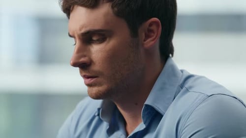 Stressed Man Worried Company Financial Results Closeup