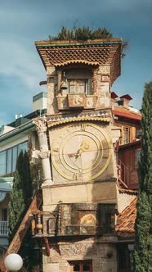 Tbilisi Georgia People Walking Near Famous Rezo Gabriadze Marionette Theater Clock Tower On Old City