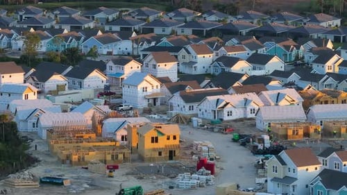 Development of Residential Housing in the USA Wooden Frames of New Cheap American Homes Under