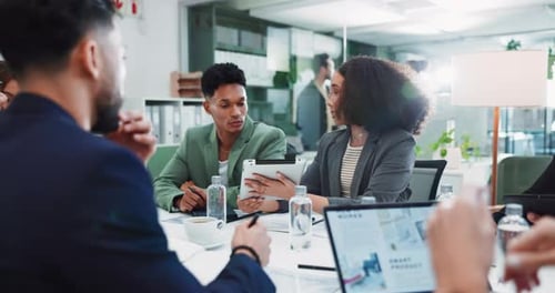 Business people, strategy and technology in office for collaboration, discussion