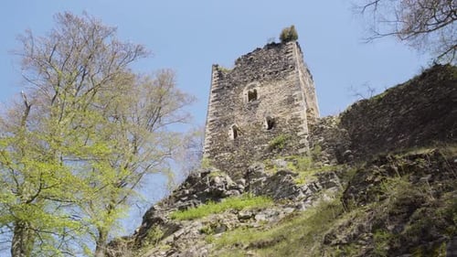 Tower of Ancient Ruins on a Hill on a Sunny Day View From Below