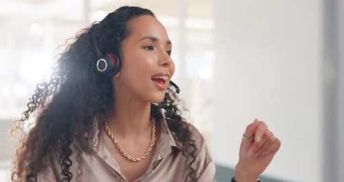 Contact us, telemarketing and crm, woman at customer service agency with headset in advisory office