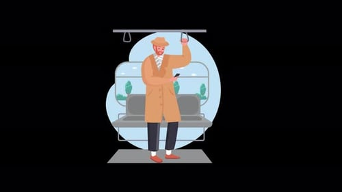 Stylish Commuter in Beige Coat Using Smartphone on Public Transport Subway Interior