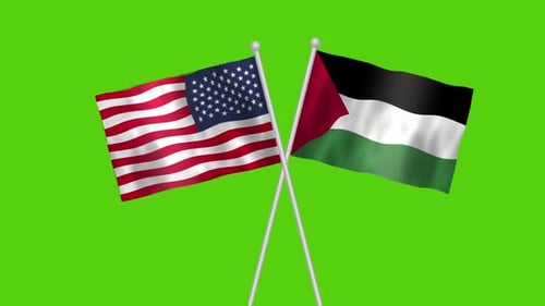 USA and Palestine Flags Crossed and Waving