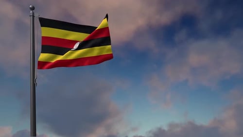 Uganda National Flag Waving with Clouds Background