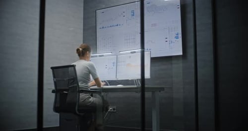 Female Financial Analyst Working on Computer with MultiMonitor Workstation Monitoring RealTime