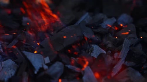 Burning Charcoal Embers Close Up Shot with Sparks