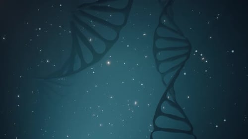 Animation 3D d'une molécule d'ADN en rotation sur fond bleu. Concept de génétique