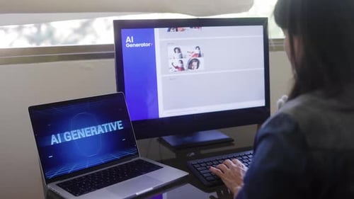 Aplicativo gerador de imagens AI. Pessoa criando arte fotográfica com software de Inteligência Artificial no computador