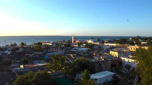 Aerial view of a church steeple, Mozambique.