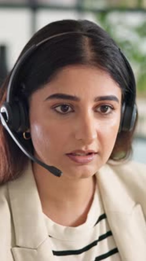 Call centre, telemarketing and woman with headset, online and talking to contact for service