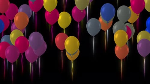 Animated Colorful Balloons with Glowing Neon Strings for Celebrations