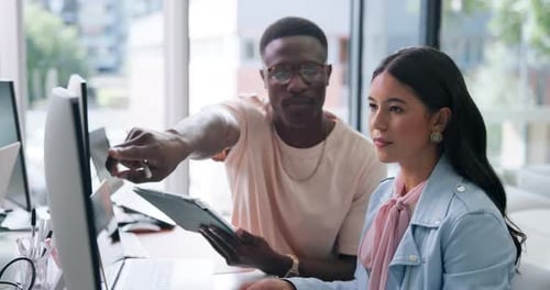 Team, review or people in agency with computer, advice or partnership for campaign pitch