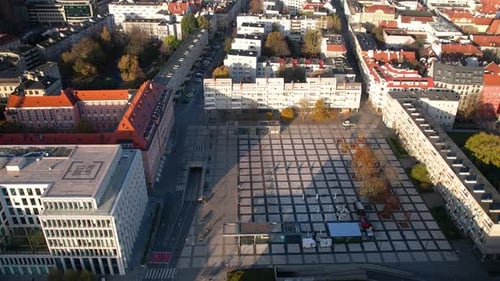 Aerial View Of Nowy Targ Square In Wroclaw. Dolly Forward With Tilt Up View Of Cityscape