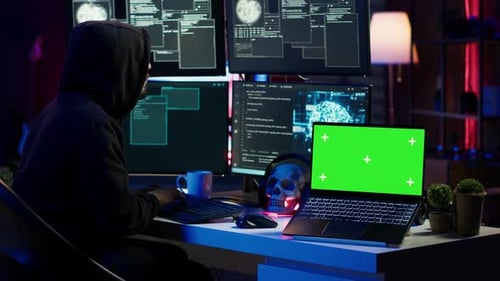 Green Screen Laptop Used By Hacker in Underground Hideout to Write Lines of Code