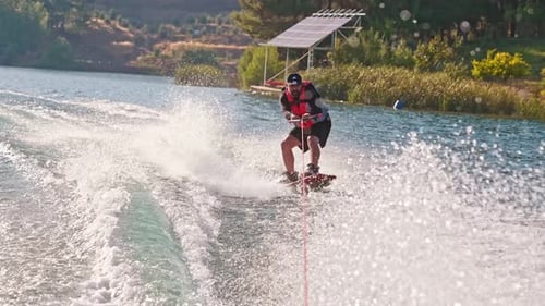 Water Skier Performing on Lake Near Forest Coastline During Summer