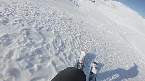 First-Person View of Skier Descending Snowy Mountain