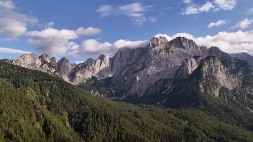 Aerial drone shot of the Alps on a sunny day with clear skies and bright mountain peaks