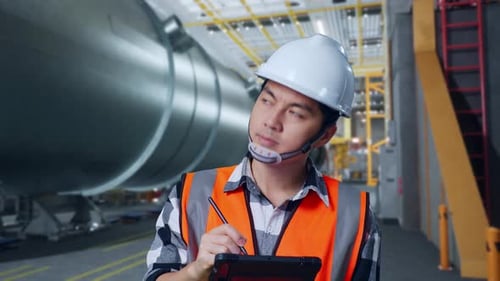 Asian Male Engineer Taking Note On The Tablet And Looking Around In Pipe Manufacturing Factory