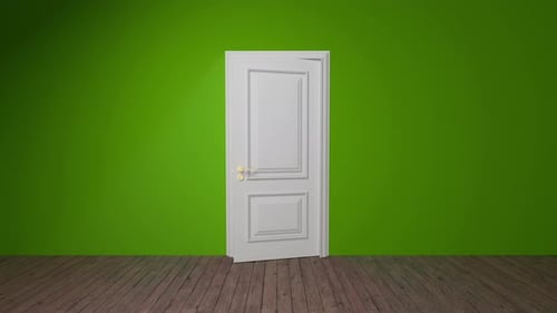 White door opening on a green wall revealing darkness
