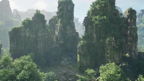 A Dense Forest with Towering Rocks and Majestic Trees
