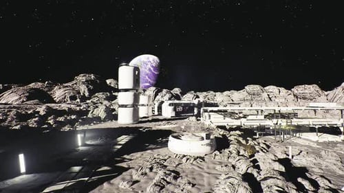 Service Station Scene Engineers Working on Spaceship Under Stars